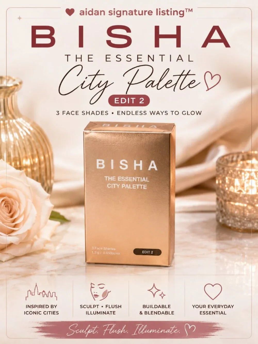 BISHA The Essential City Palette Edit 2 : 3 Face Shades Blush Highlighter NEW